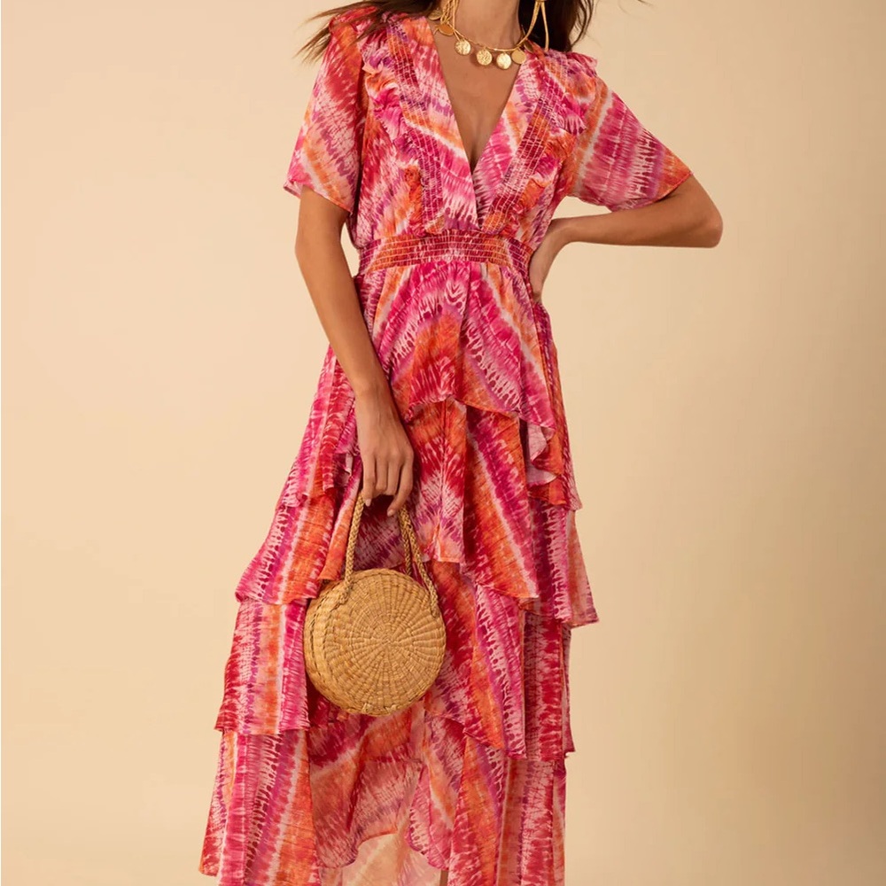 Hale Bob Pink and Orange Asymmetrical Ruffled Sundress - Picture 3 of 5